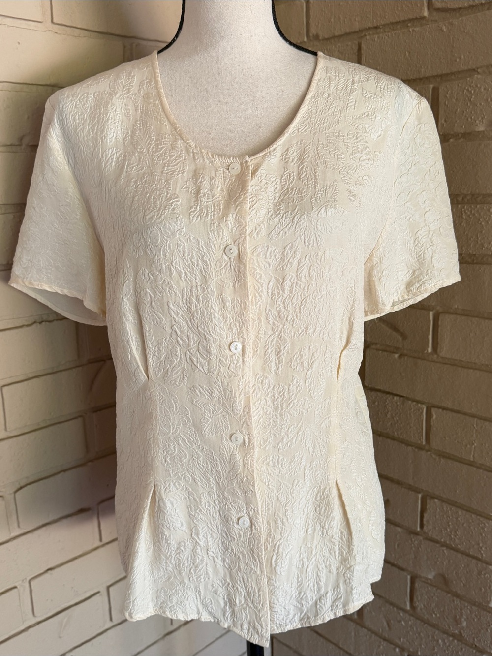 Vintage 90s Express Silk Blouse Pleated Embossed Floral Button Front Career XS